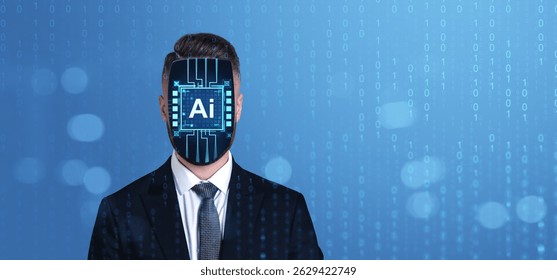 Man in suit with digital AI chip replacing face, binary code overlay, blue background, symbolizing artificial intelligence integration