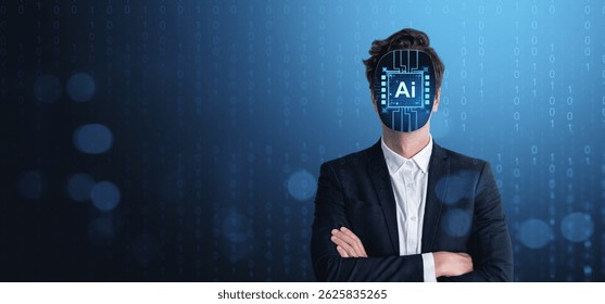 Man in suit with digital AI circuit board as face, standing in front of binary code background, representing artificial intelligence concept