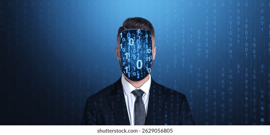 Man in a suit with digital binary code mask overlay on face, futuristic style, blue binary background. Concept of data privacy and identity
