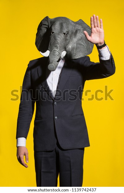 Download Man Suit Elephant Mask On Yellow People Stock Image 1139742437 PSD Mockup Templates