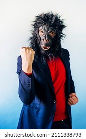 Man In A Suit And With A Gorilla Mask.