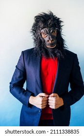 Man In A Suit And With A Gorilla Mask.