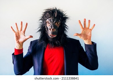 Man In A Suit And With A Gorilla Mask.