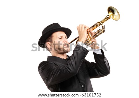 A man in a suit with a hat playing a trumpet isolated on white background