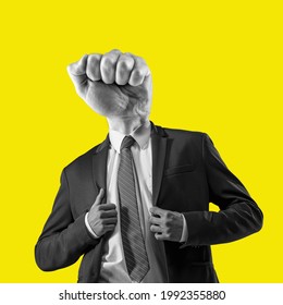 The man in a suit with a head in the form of a fist. Metaphor of an angry boss. Contemporary art collage, modern design. Business concept. Trendy colors. Surreal conceptual poster.