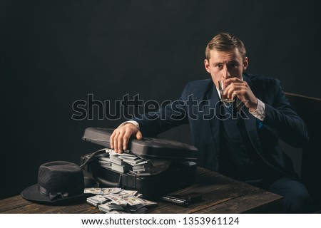 Man in suit. Mafia. Making money. Money transaction. Businessman work in accountant office. Small business concept. Economy and finance. Man bookkeeper. Make money now.