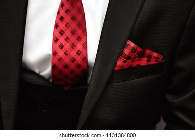 Man In Suit, Plaid Texture, Bow Tie And Pocket Square, Close Up White Background