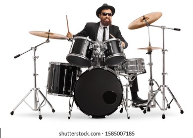 Man in a suit playing drums isolated on white background - Powered by Shutterstock