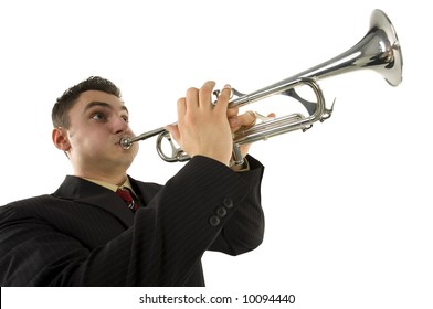 Man in suit standing and trumpet melody. Low angle view. White background.