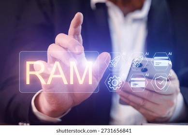 A man in a suit is using a smartphone while touching a glowing RAM symbol. There are various icons related to artificial intelligence around him.