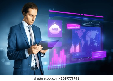 Man in suit using tablet, with digital graphs, robot icons, and global data projections on a neon blue background, concept of fintech