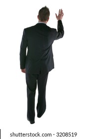 Man In A Suit Waving Goodbye, Isolated On White