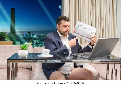 Man in suit without pants working online. home office, video conference, self-isolation concept. Businessman working at home. Remote work, work on the Internet, remotely - Shutterstock ID 2258260487