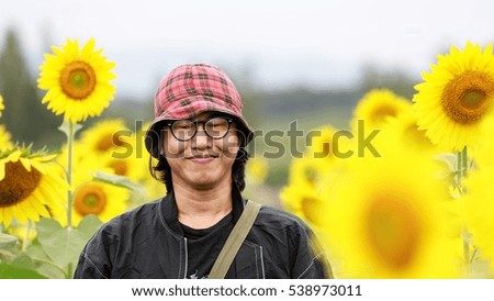 Similar – young man with hat in front of mountain panorama