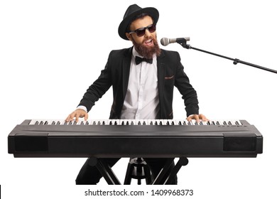 Man with sunglasses and a beard playing a digital piano and singing on a microphone isolated on white background - Powered by Shutterstock