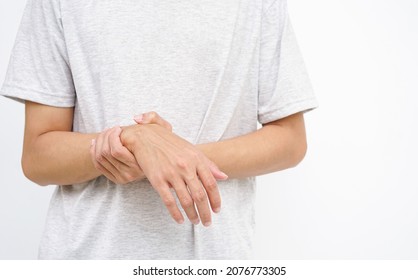 A Man Support His Arms (copy Space) Which Pain,numbness,weakness,paralysis Concept Of Guillain Barre Syndrome Caused By Autoimmune Disorder 