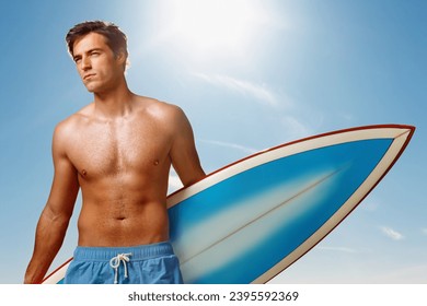 Man, surfing and board with space by sky, summer or ready for fitness, health or training vision. Athlete, surfboard and sunshine on holiday, start and thinking for ideas, workout or mockup in nature - Powered by Shutterstock