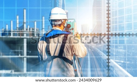Man surveyor with back to camera. Specialist in geodesy. Guy with geodetic equipment. Surveyor near building under construction. Man builder uses optical theodolite. Surveyor at work. Art focus