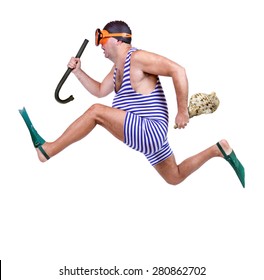 Man in swim dress running isolated on white background. Last moment for holiday at sea. Retro vintage style diver runs with snorkeling equipment and shell.
