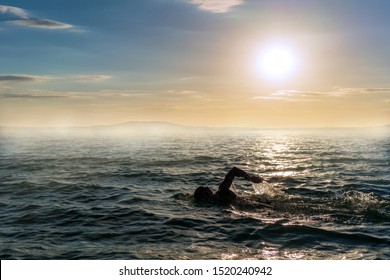 Man swimming in open water during a misty sunset