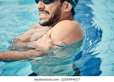 Man in swimming pool, athlete with injury and shoulder pain, fitness with sport accident and muscle ache during workout. Water sports, stroke mistake and swimmer, exercise and problem with arm - Powered by Shutterstock