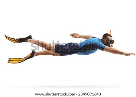 Man swimming with a snorkel suit, fins and a mask isolated on white background