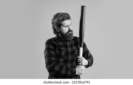 man swung the bat. bandit gang and conflict. sport. street hooligan with bat. man reliving stress. emotion control concept. brutal bearded man using baseball bat for fighting. hold a punch - Shutterstock ID 2157816791