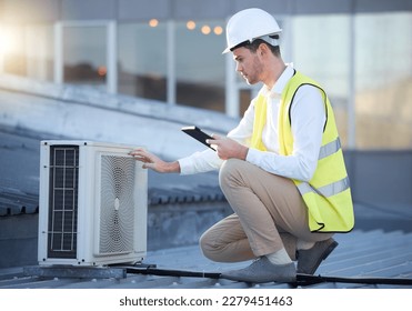 Man, tablet and air conditioning maintenance on roof with tech, digital analysis and test. Technician, mobile touchscreen and urban rooftop for ac repair at building, industry or development in city