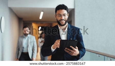 Man, tablet and manager planning in hotel, contemplating growth and consulting for hospitality. Business, male person and website on customer service at lodge, professional and online for booking