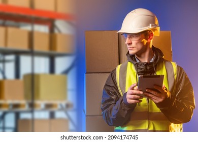 Man with a tablet on the background of a warehouse. Serious manager using a digital tablet while standing in a warehouse. Warehouse storage of goods and finished products. Storekeeper in yellow vest - Shutterstock ID 2094174745