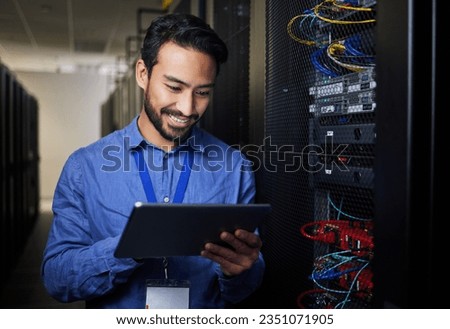 Man, tablet and server room, programming or coding for cybersecurity, information technology and data protection backup. Happy engineering person on digital software and hardware solution in basement