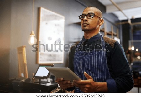 Man, tablet and thinking in cafe, small business and online for professional brainstorming. Male person, restaurant manager and internet for coffee shop agenda, contemplating growth and ponder store