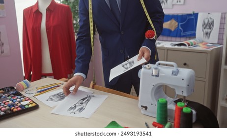 A man tailor with a tape measure in a design room examines fashion sketches next to a sewing machine and fabric swatches. - Powered by Shutterstock