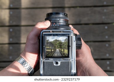 A man takes a photo of a path through nature with an vintage viewfinder camera. - Powered by Shutterstock