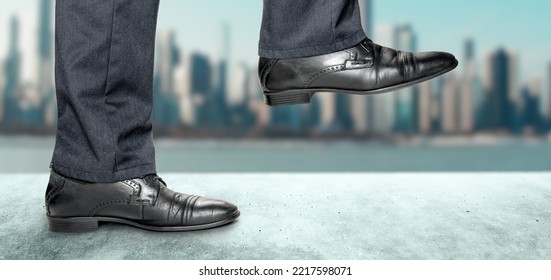 Man Takes Step In Classic Shoes. Motivation And Challenging. Close Up Legs Of Businessman Walking Stepping Up Stair In Modern City, Business Growth, Go Up, Success, Grow Up