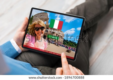Man taking online courses and learning Italian language