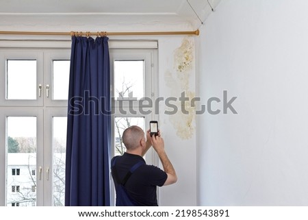Man taking a photo of a big patch of mold or mildew growing behind the drapes of a white external wall in an old house.
