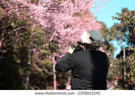 Man taking photo of sakura blossoms.  Man with Camera. Photographer. Photography.