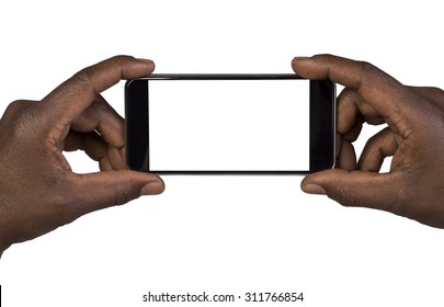 Man Taking A Picture Using A Smart Phone. Isolated On White