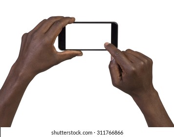 Man Taking A Picture Using A Smart Phone. Isolated On White