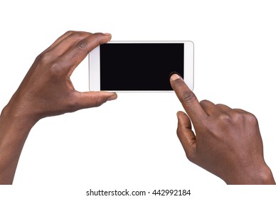 Man Taking A Picture Using A Smart Phone. Isolated On White