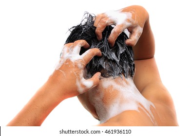 Man Taking A Shower And Shampooing His Hair. Young Man Washing His Hair