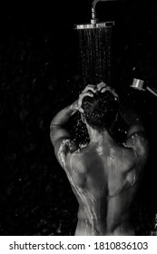 Man Taking A Shower Washing Hair With Shampoo Product Under Wate