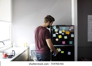 Man Taking Water Bottle From Fridge In Pantry Room During Break Time