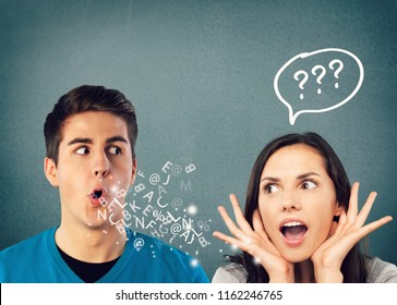 Man talking to an attractive woman with question mark