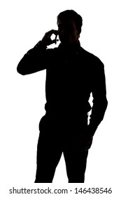 Man Talking On Cell Phone In Silhouette Isolated Over White Background 
