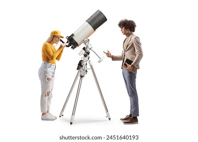 Man talking to a young female observing the planets and stars with a telescope isolated on white background - Powered by Shutterstock