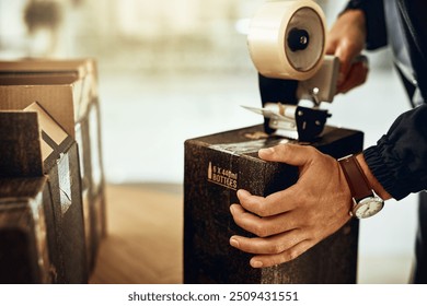 Man, tape and hands on box for delivery, postage service and brewery industry in small business. Shipping order, commercial beer or seller in alcohol production warehouse sealing for packaging parcel - Powered by Shutterstock