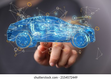 A man tapping on a 3D rendering of a holographic smart car