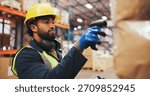 Man, tech and scanner with inventory in warehouse for price check, storage or distribution. Male person, employee and checklist with technology, barcode or inspection for quality assurance in depot